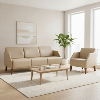 Ensemble de canapé et fauteuil exclusif 2 pièces en cuir beige pour salon designer 3 places.