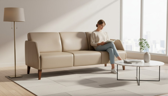 Canapé beige deux places pour salon, meuble rembourré moderne, canapé en tissu 2 places.