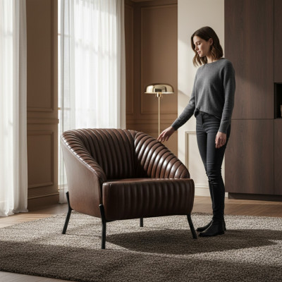 Fauteuil brun, designer, fauteuil de salon, fauteuil relax en cuir, siège individuel, meuble.