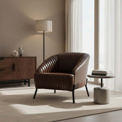 Fauteuil brun, designer, fauteuil de salon, fauteuil relax en cuir, siège individuel, meuble.