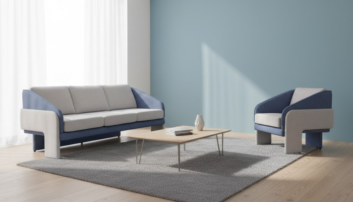 Fauteuil de designer gris-bleu pour salon 3 places, ensemble 2 pièces.