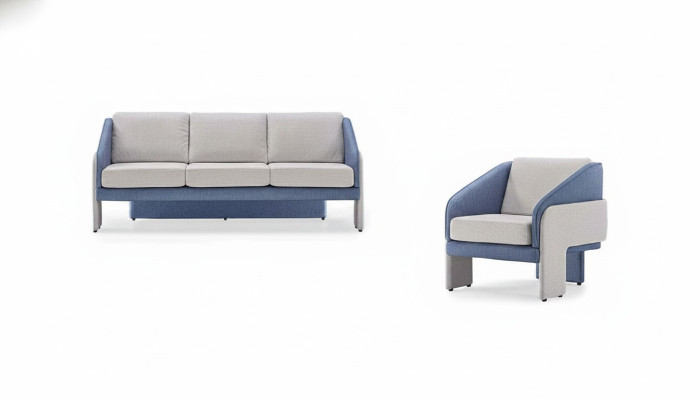 Fauteuil de designer gris-bleu pour salon 3 places, ensemble 2 pièces.