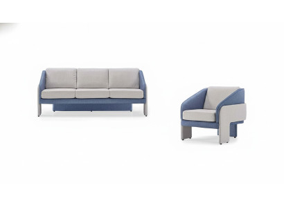 Fauteuil de designer gris-bleu pour salon 3 places, ensemble 2 pièces.