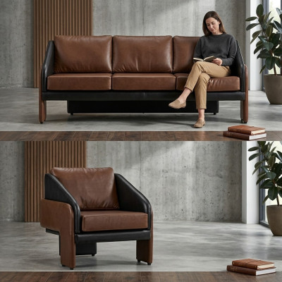 Braun-noir ensemble de sièges en cuir élégant canapé trois places fauteuil 2 pièces.