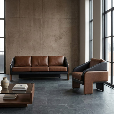 Braun-noir ensemble de sièges en cuir élégant canapé trois places fauteuil 2 pièces.