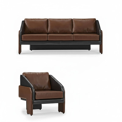 Braun-noir ensemble de sièges en cuir élégant canapé trois places fauteuil 2 pièces.