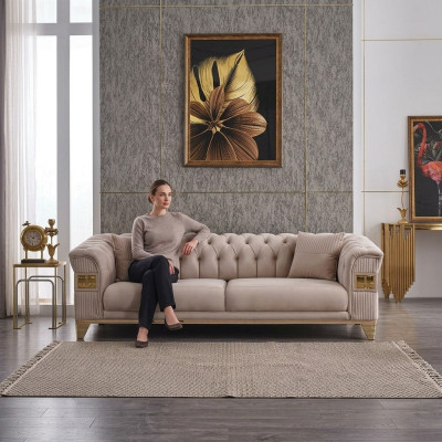 Canapé Chesterfield design 3 places salon luxe meubles rembourrés canapé beige