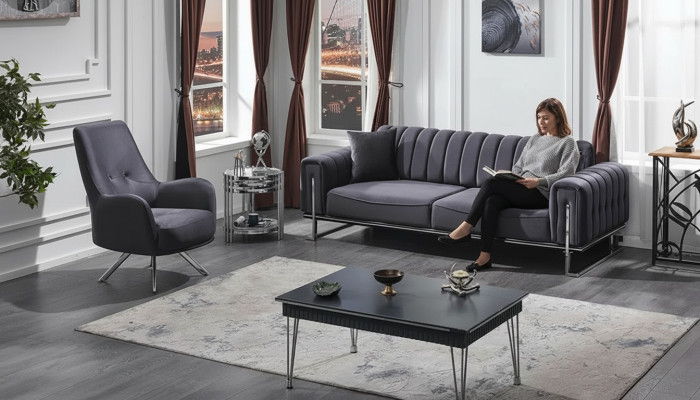 Ensemble de canapés 3+1 places salon luxe Chesterfield gris