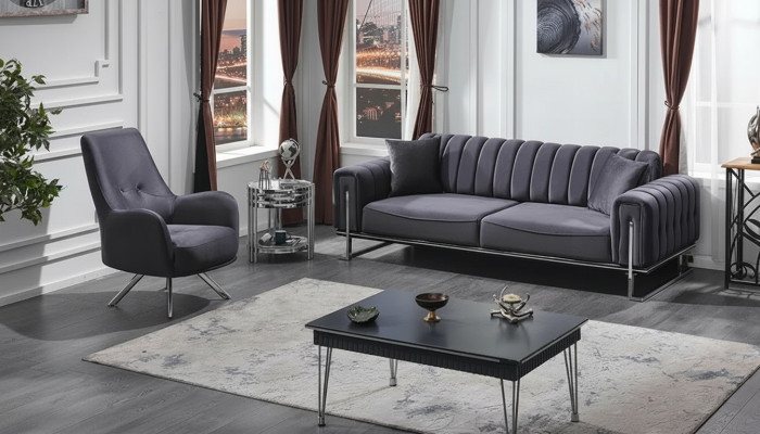 Ensemble de canapés 3+1 places salon luxe Chesterfield gris