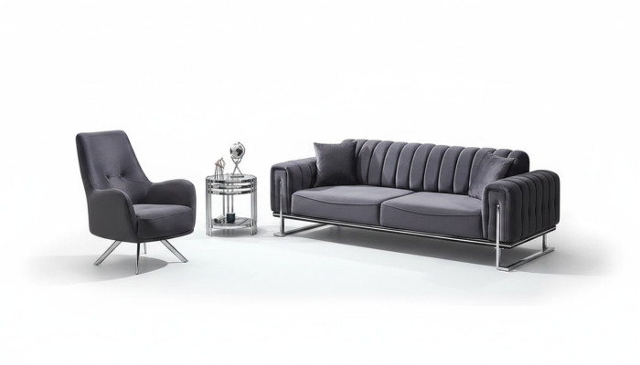 Ensemble de canapés 3+1 places salon luxe Chesterfield gris