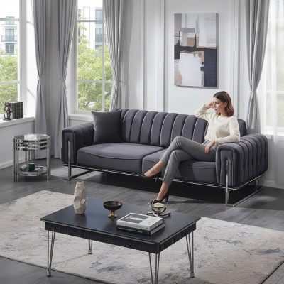 Canapé Chesterfield gris de luxe trois places pour le salon