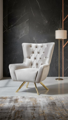 Chesterfield fauteuil tapissé gris clair salon pieds en acier inoxydable