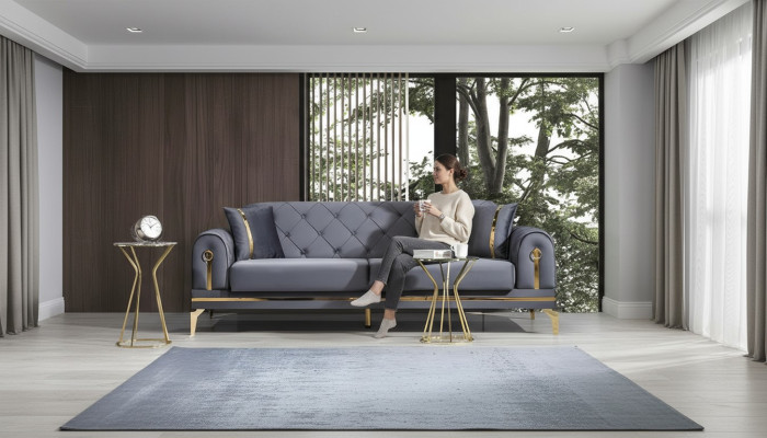 Canapé en tissu gris Chesterfield Salon design trois places en textile 3 places