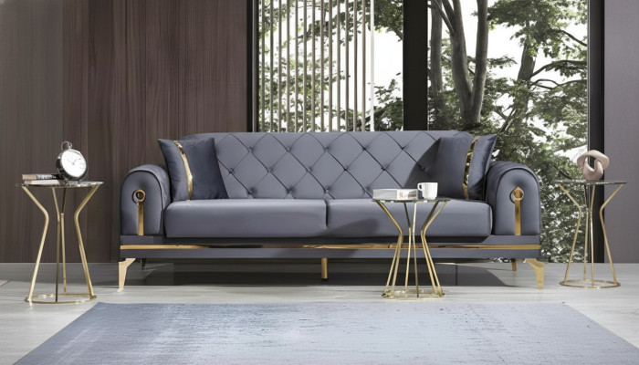 Canapé en tissu gris Chesterfield Salon design trois places en textile 3 places