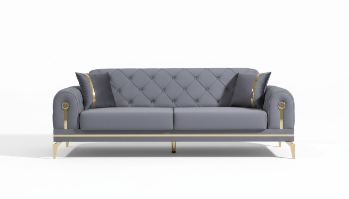 Canapé en tissu gris Chesterfield Salon design trois places en textile 3 places