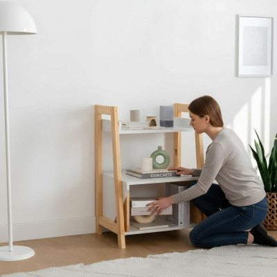 Étagère beige-blanc en bois de haute qualité, meuble d'appoint avec étagères.