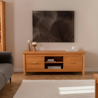 Meuble TV brun élégant pour salon, meuble bas en bois avec tiroirs.