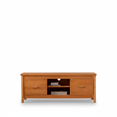 Meuble TV brun élégant pour salon, meuble bas en bois avec tiroirs.