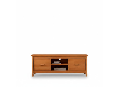 Meuble TV brun élégant pour salon, meuble bas en bois avec tiroirs.