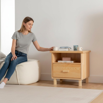 Table de chevet avec tiroirs beiges pour la chambre à coucher, table d'appoint.
