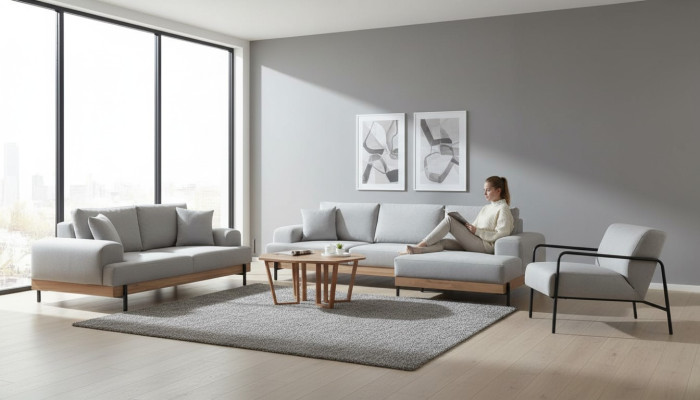 Canapé d'angle design gris clair 3 places 3 pièces