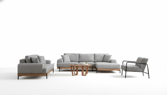 Canapé d'angle design gris clair 3 places 3 pièces