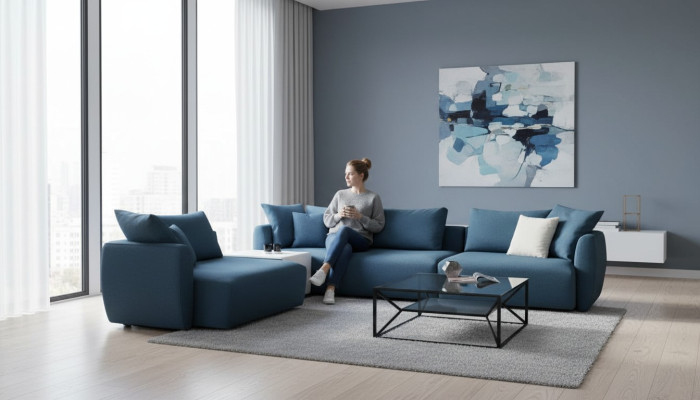 Canapé d'angle moderne luxueux bleu en forme de L pour le salon