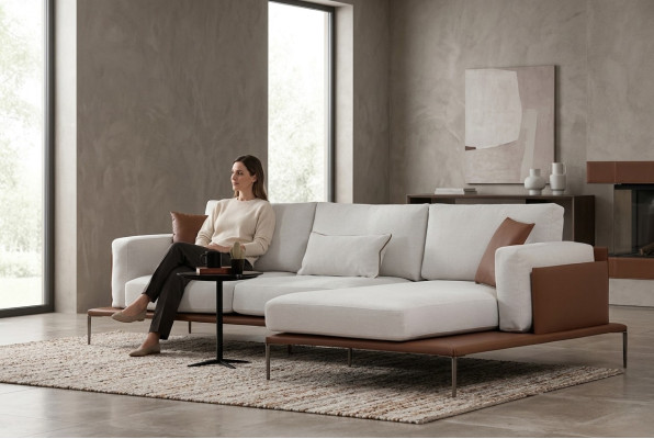 Canapé d'angle design blanc-marron en L pour salon moderne