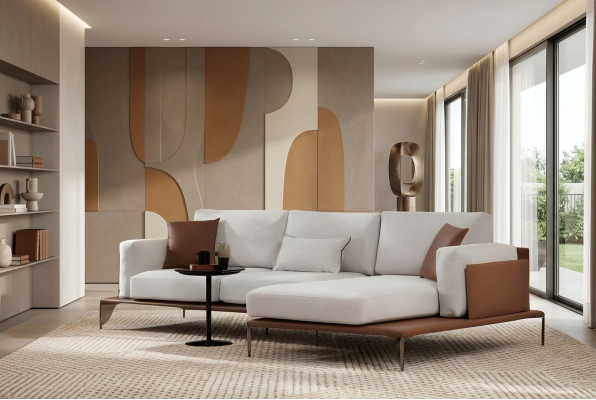 Canapé d'angle design blanc-marron en L pour salon moderne
