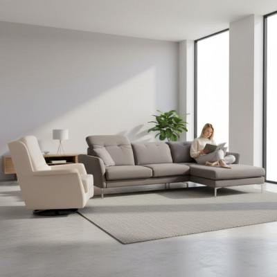 Canapé d'angle design gris-blanc pour salon avec fauteuil