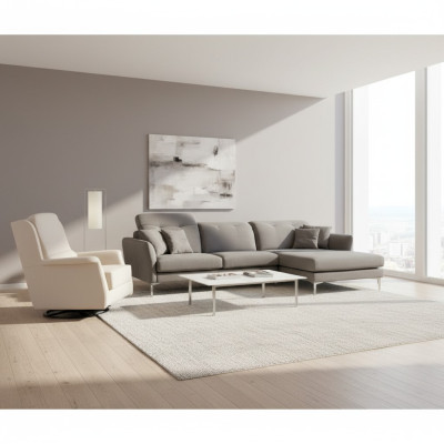 Canapé d'angle design gris-blanc pour salon avec fauteuil