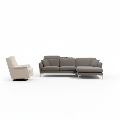 Canapé d'angle design gris-blanc pour salon avec fauteuil