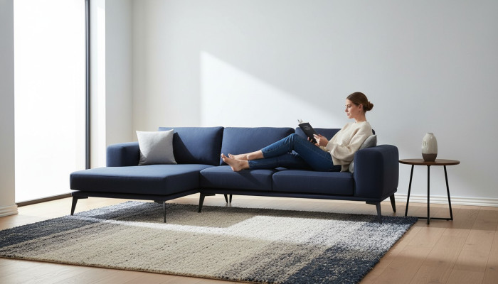 Canapé d'angle en L bleu foncé uni en tissu avec coussins pour le salon