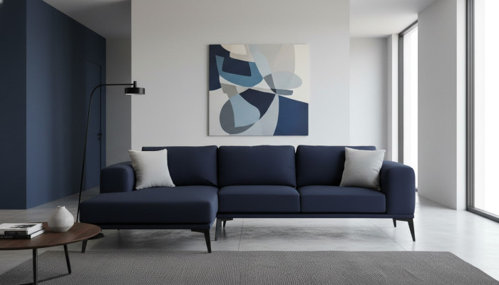 Canapé d'angle en L bleu foncé uni en tissu avec coussins pour le salon