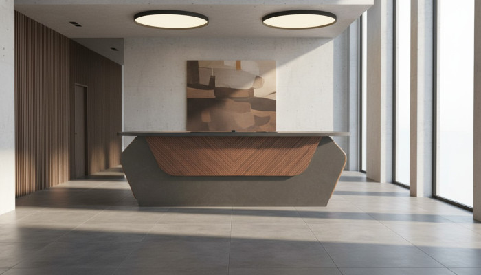 Bureau marron et gris bicolore au design moderne rectangulaire.