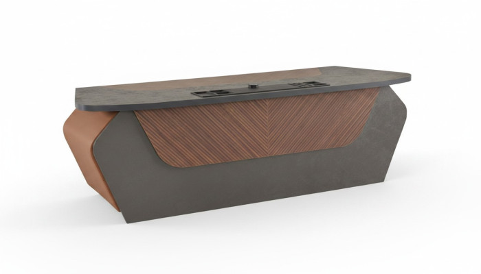 Bureau marron et gris bicolore au design moderne rectangulaire.