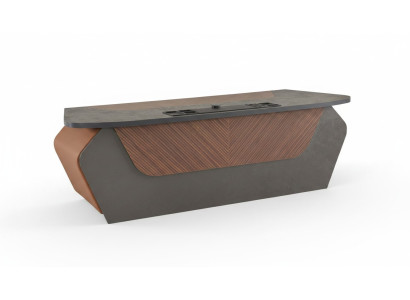 Bureau marron et gris bicolore au design moderne rectangulaire.