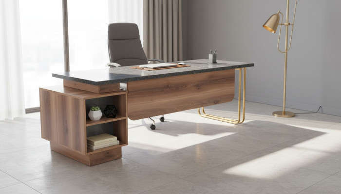 Bureau brun et gris bicolore design moderne pour bureau rectangulaire.