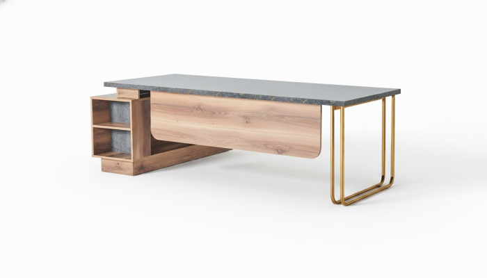 Bureau brun et gris bicolore design moderne pour bureau rectangulaire.