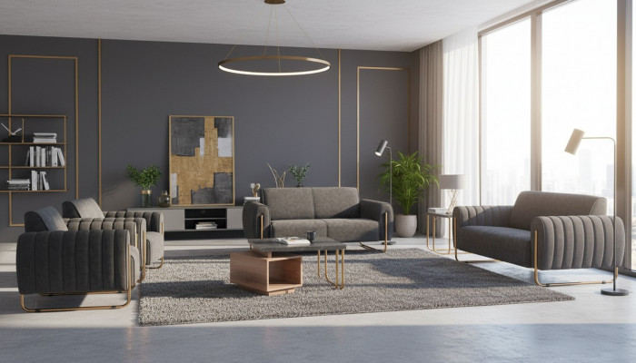 Ensemble de bureau gris noble 2x canapé rembourré en tissu bois table basse meubles en tissu.