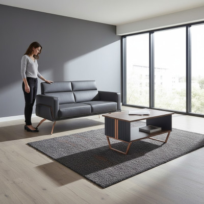 Ensemble de bureau 2 pièces 2 places avec table basse gris brun bicolore