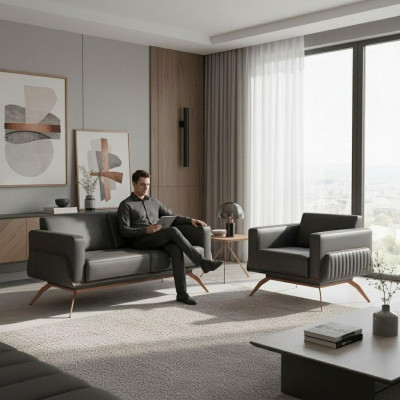 Ensemble pour bureau 2 pièces, canapé 2 places avec fauteuil gris uni, salon