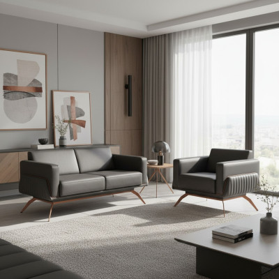 Ensemble pour bureau 2 pièces, canapé 2 places avec fauteuil gris uni, salon
