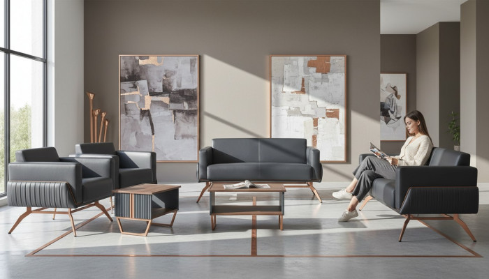 Ensemble pour bureau 5 pièces : 2 canapés 2 places, 2 fauteuils, table basse, gris uni