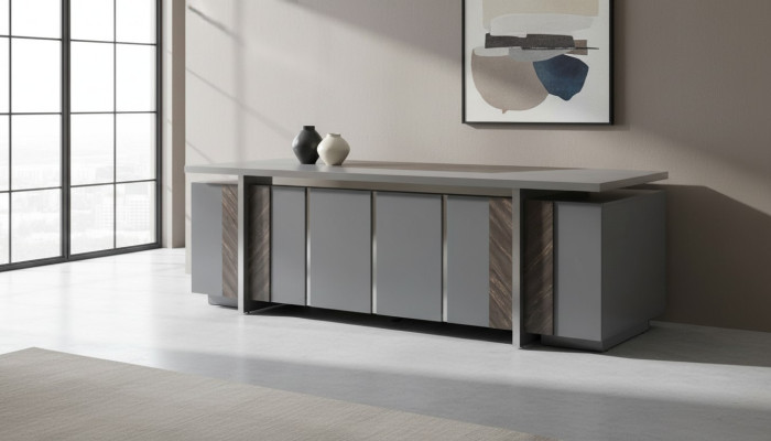 Bureau rectangulaire de couleur grise, style design moderne avec espace de rangement.