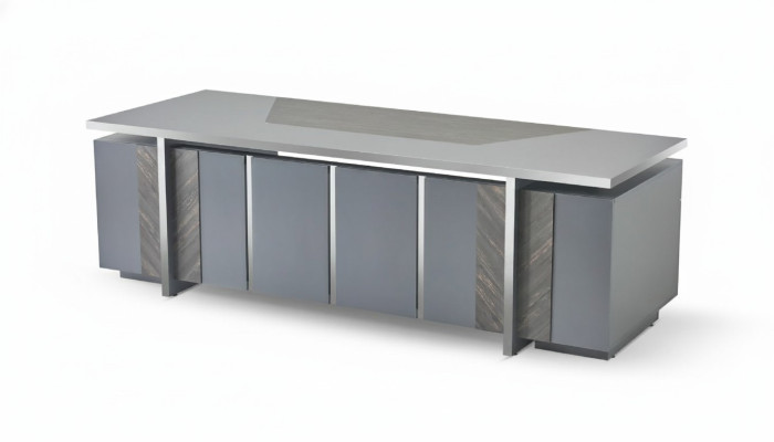 Bureau rectangulaire de couleur grise, style design moderne avec espace de rangement.