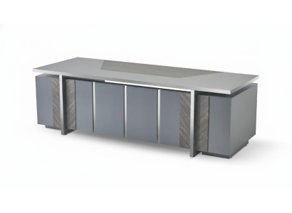 Bureau rectangulaire de couleur grise, style design moderne avec espace de rangement.