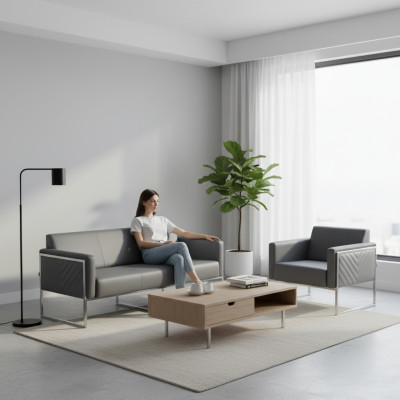 Ensemble de bureau 2 pièces canapé 3 places avec fauteuil gris uni design moderne