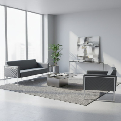 Ensemble de bureau 2 pièces canapé 3 places avec fauteuil gris uni design moderne