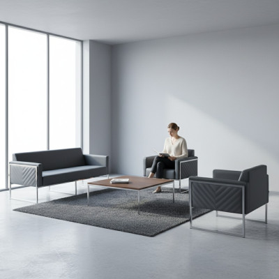 Ensemble de bureau 3 pièces 3 places avec 2 fauteuils gris uni style moderne